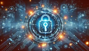 An abstract digital illustration depicting a futuristic padlock with a glowing key icon in the center, surrounded by network connections and cybersecu